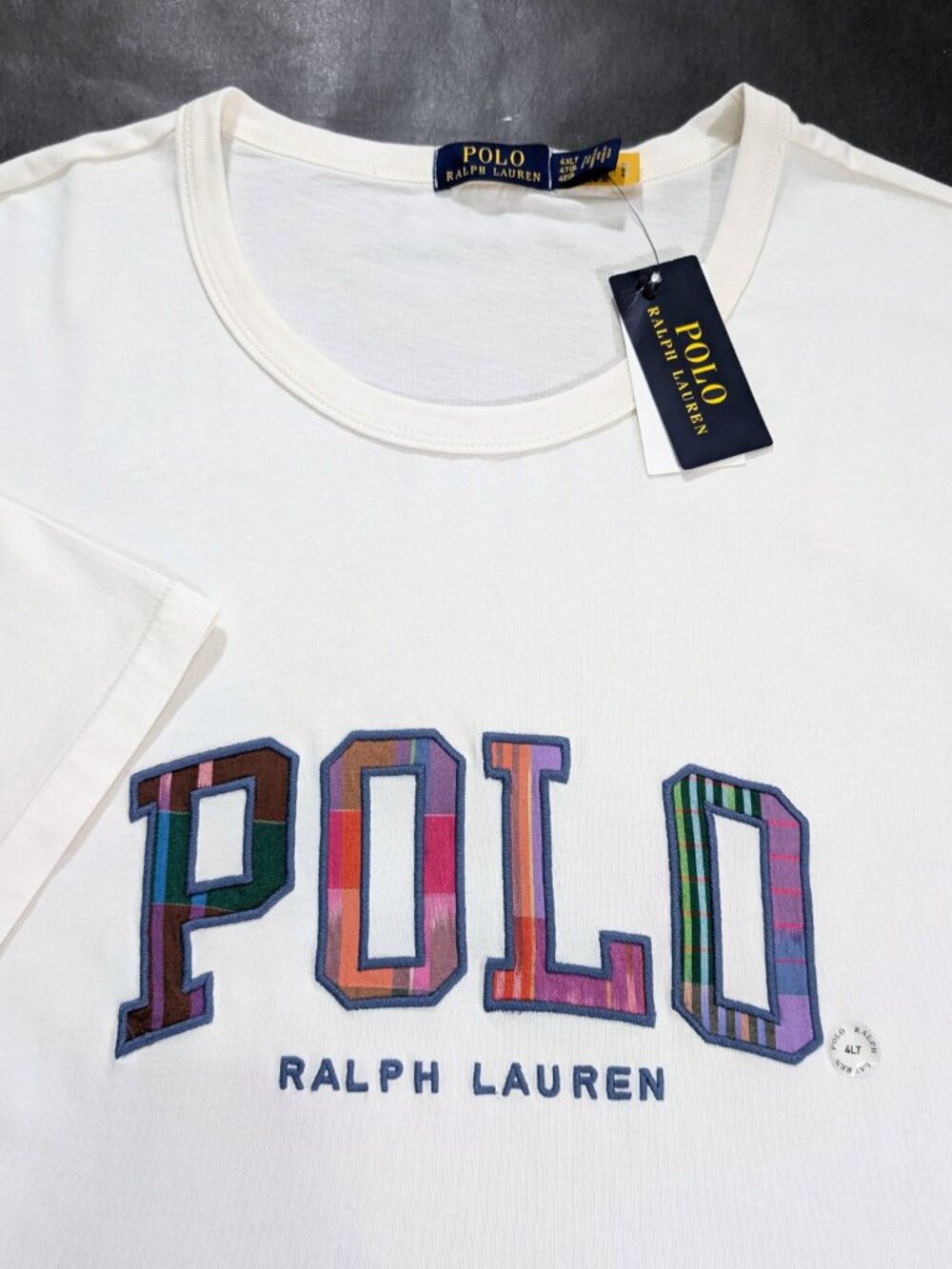 Polo Ralph Lauren Men's 4XLT Off White T-Shirt Patchwork Plaid Applique Logo